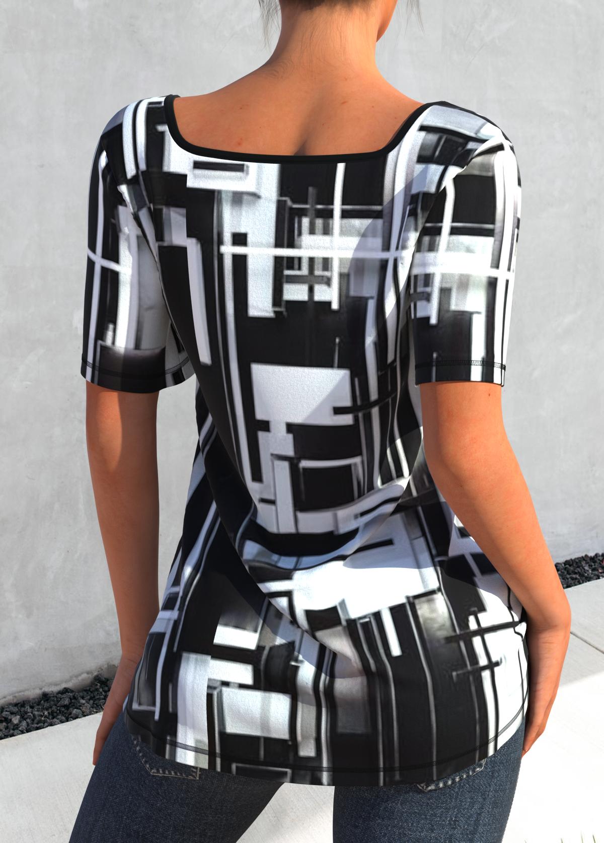 Black tops,Geometric tops,ROTITA Square Collar Black Geometric Print T Shirt