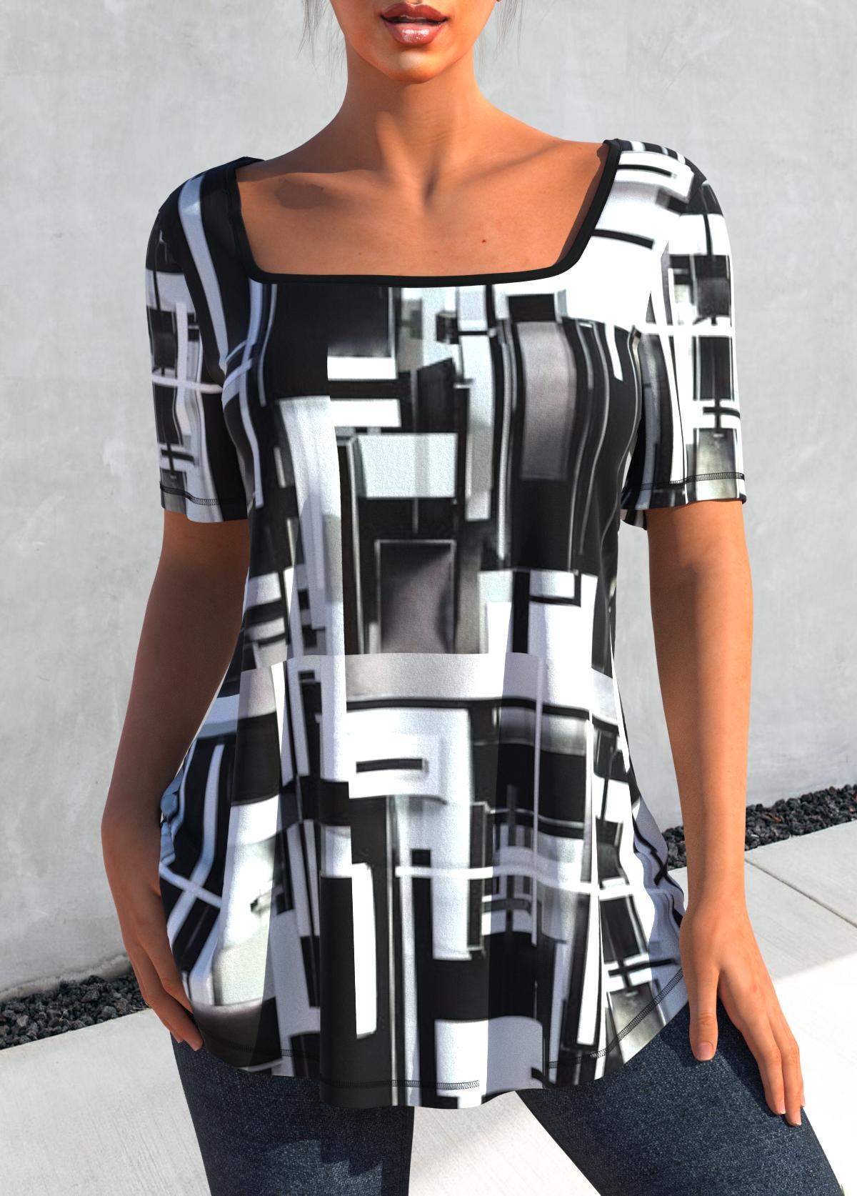 Black tops,Geometric tops,ROTITA Square Collar Black Geometric Print T Shirt
