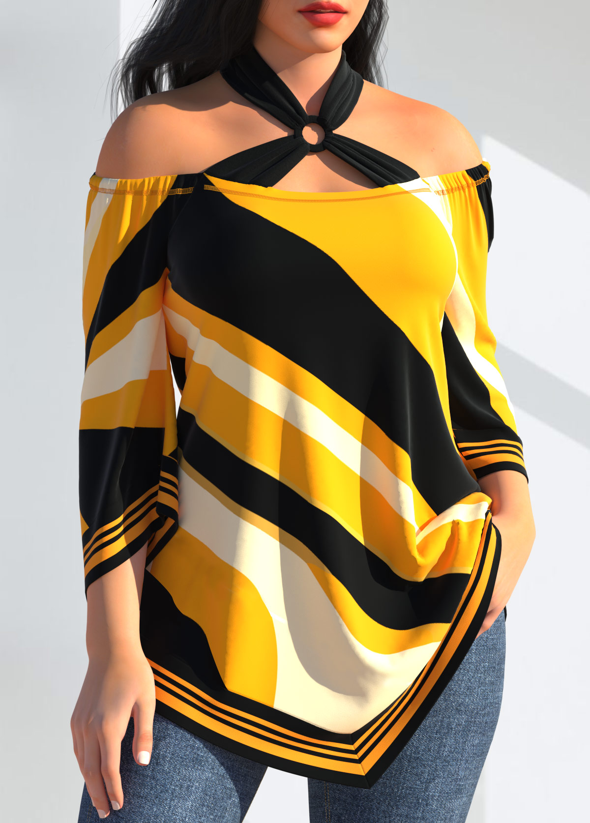 Yellow tops,Geometric tops,ROTITA Striped Asymmetric Hem Yellow T Shirt