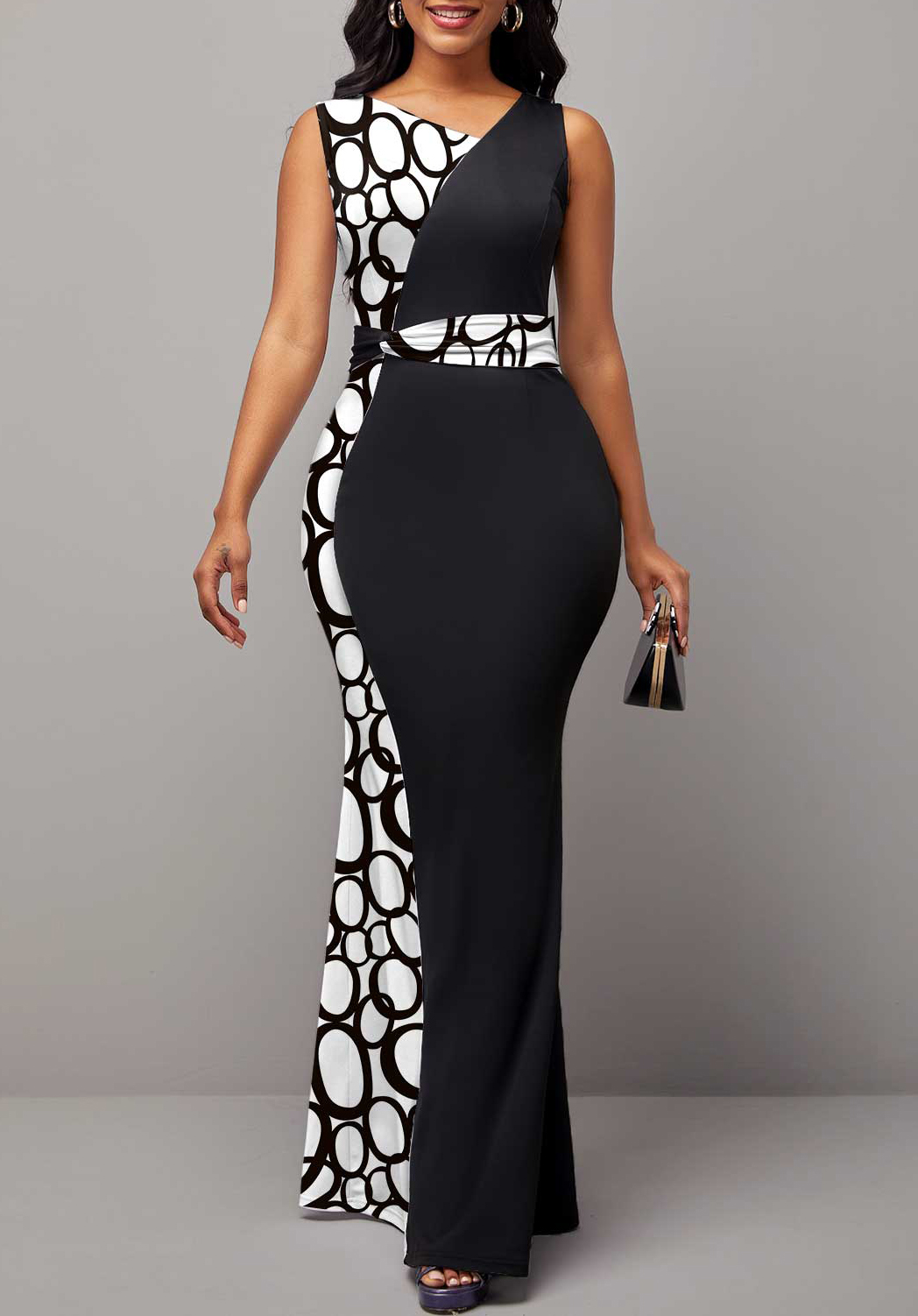 ROTITA Sleeveless Geometric Print Black Contrast Dress