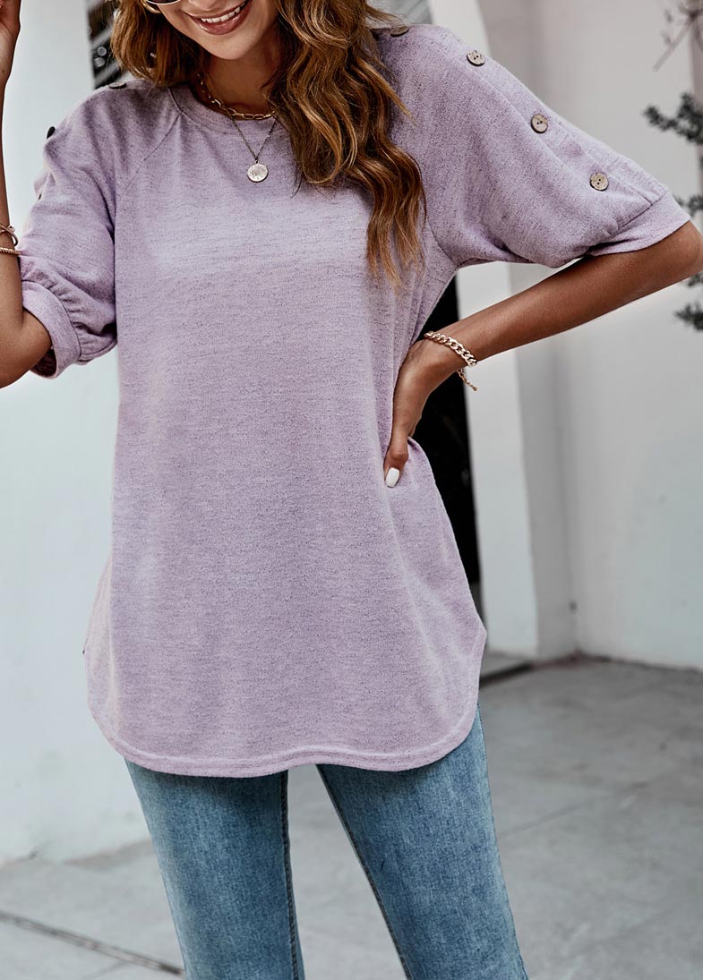Purple tops,Plain Color tops,Decorative Button Purple Half Sleeve T Shirt