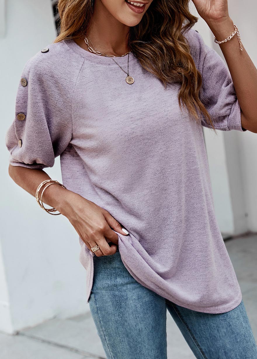 Purple tops,Plain Color tops,Decorative Button Purple Half Sleeve T Shirt