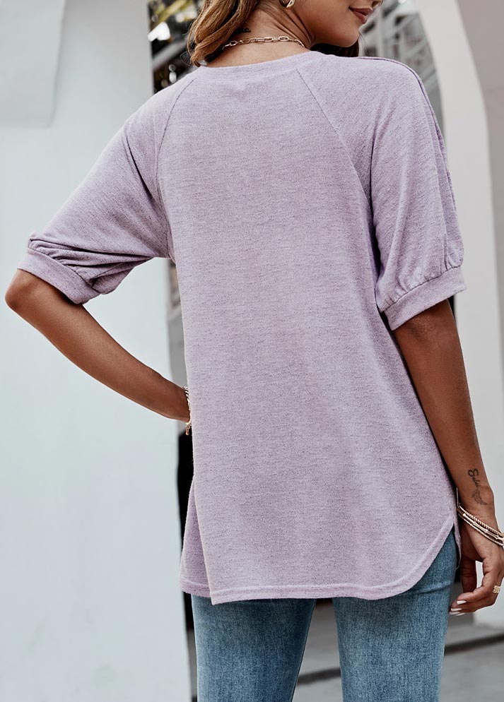 Purple tops,Plain Color tops,Decorative Button Purple Half Sleeve T Shirt