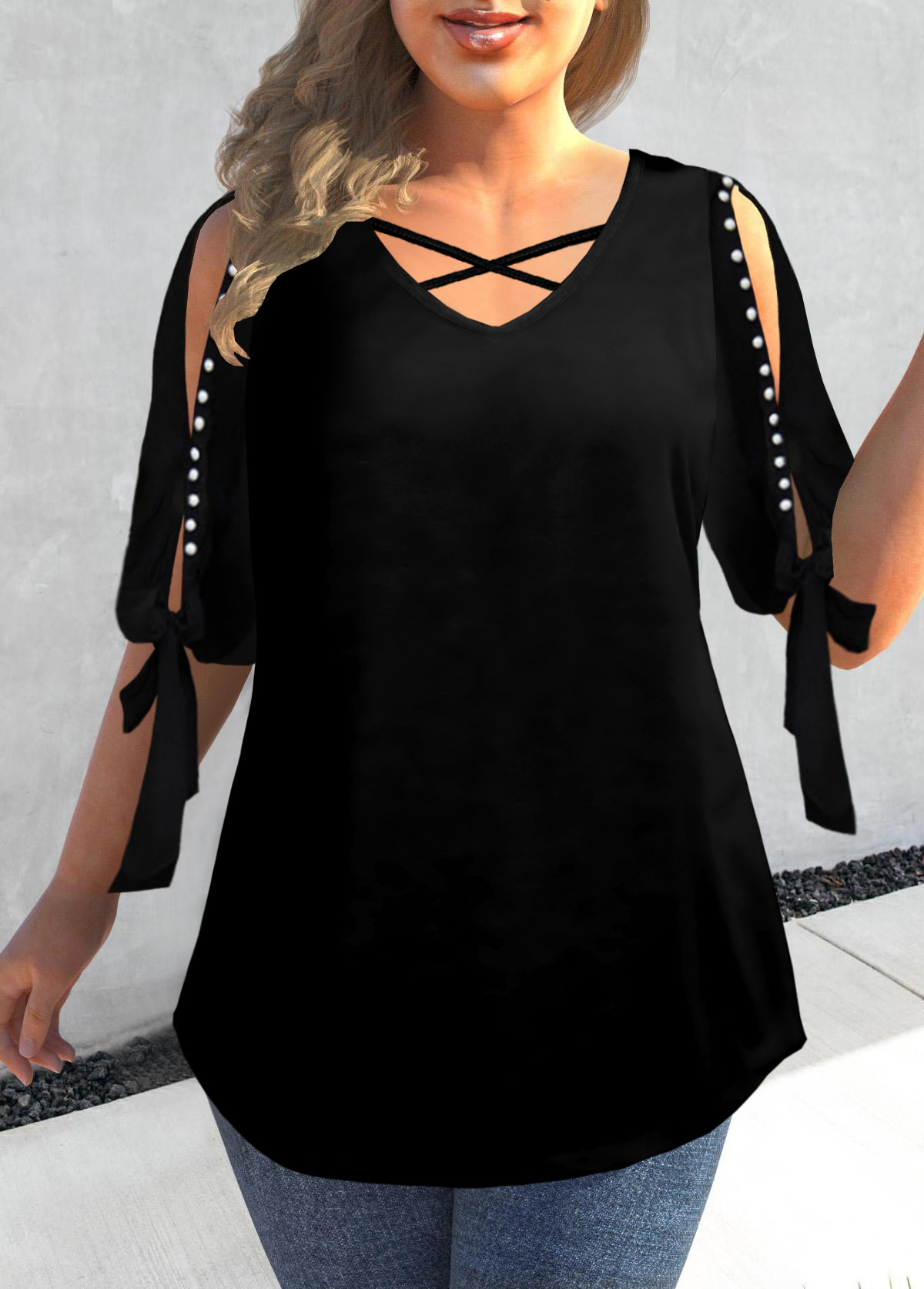 Black plus size,Plain Color plus size,ROTITA Plus Size Pearl Detail Black Cold Shoulder T Shirt