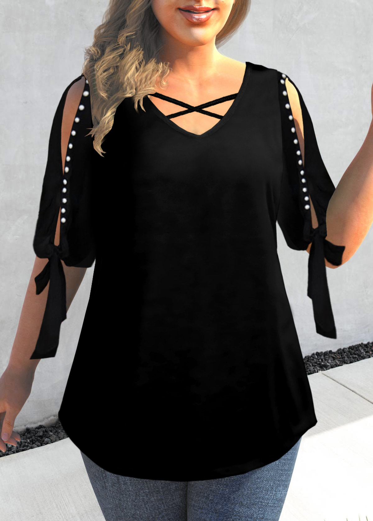 Black plus size,Plain Color plus size,ROTITA Plus Size Pearl Detail Black Cold Shoulder T Shirt