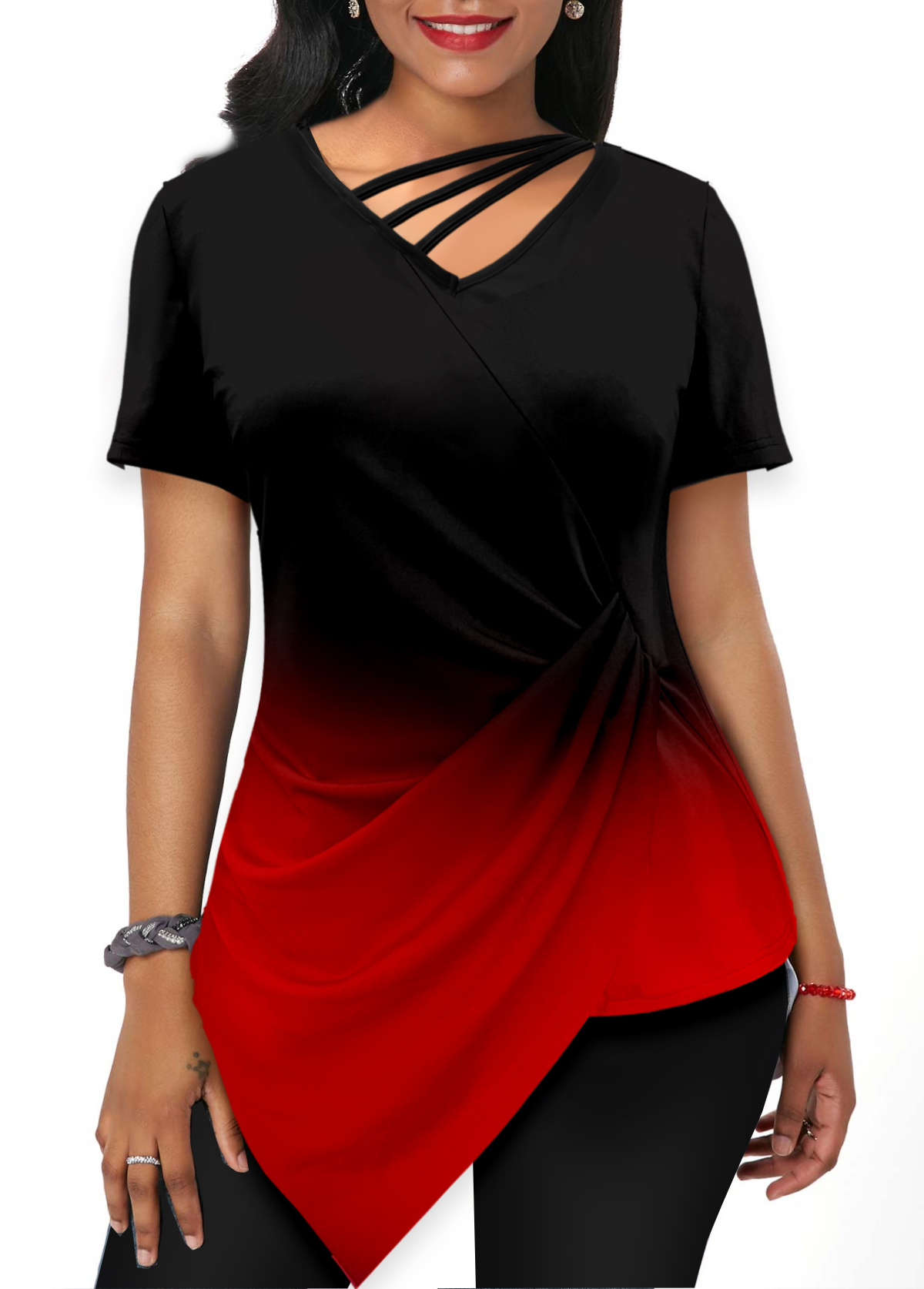 Red tops,Ombre tops,ROTITA Asymmetric Hem Red Short Sleeve T Shirt