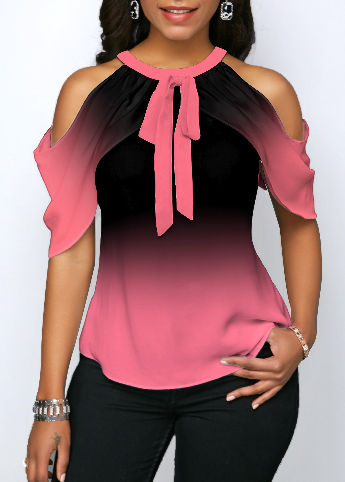 Pink tops,Ombre tops,ROTITA Pink Tie Front Halter Cold Shoulder Blouse