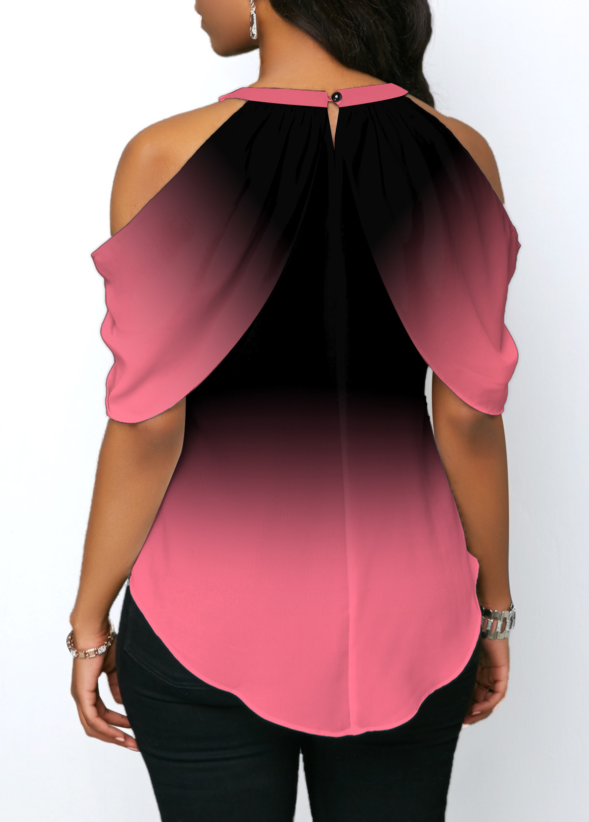 Pink tops,Ombre tops,ROTITA Pink Tie Front Halter Cold Shoulder Blouse