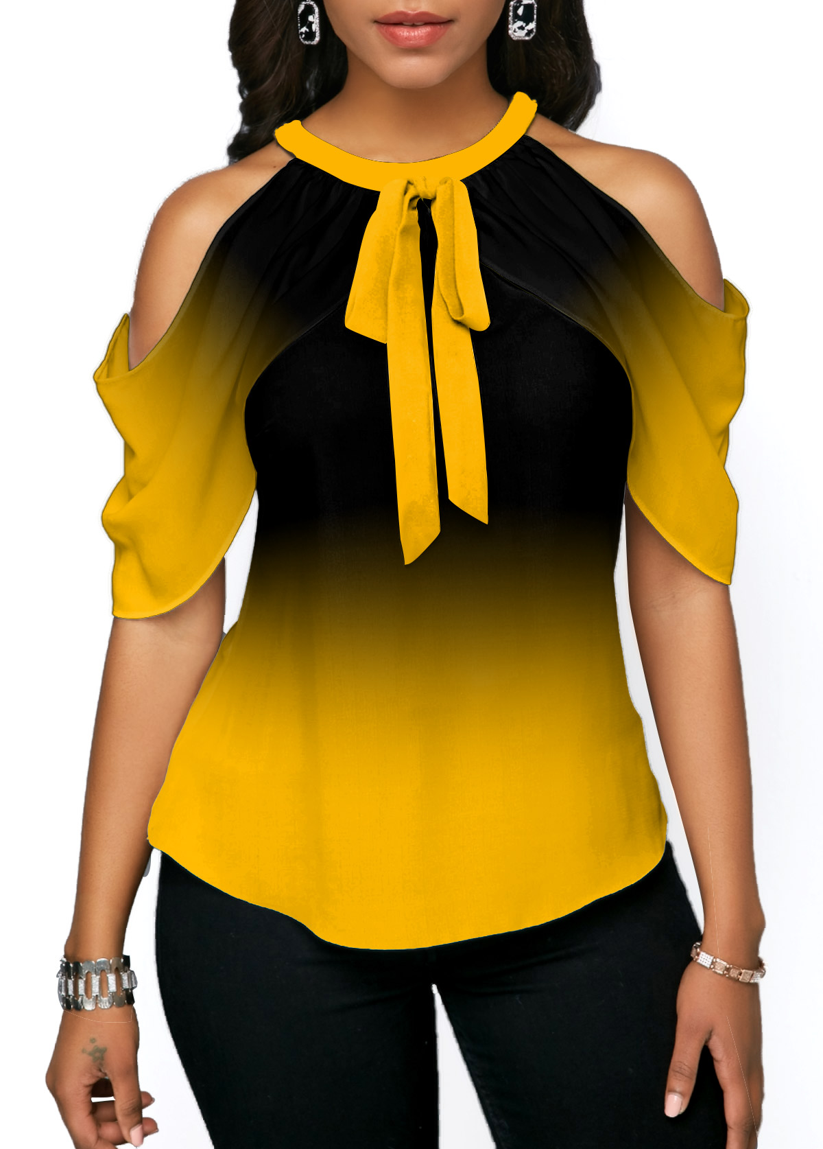 ROTITA Yellow Tie Front Halter Cold Shoulder Blouse