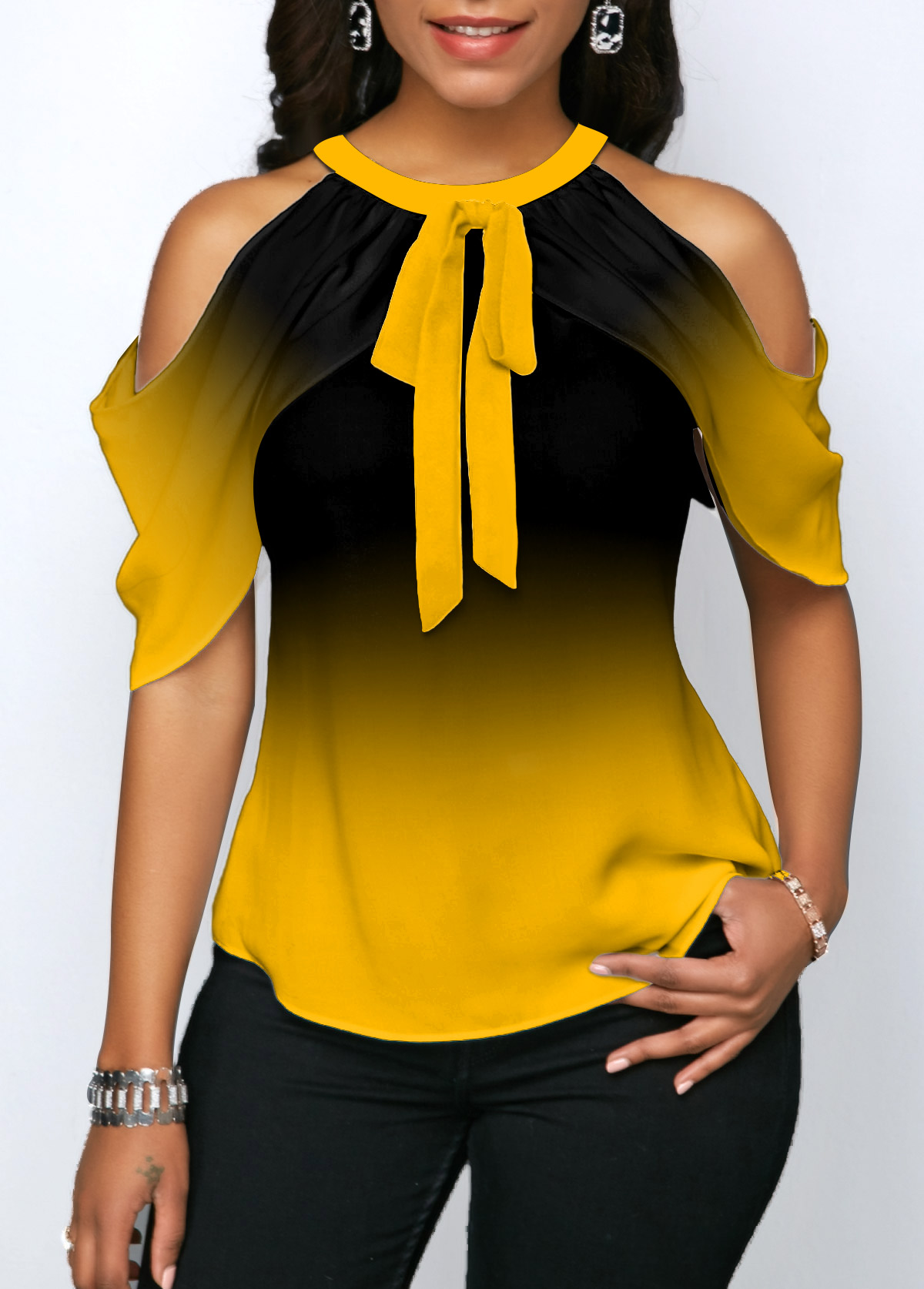 Yellow tops,Ombre tops,ROTITA Yellow Tie Front Halter Cold Shoulder Blouse