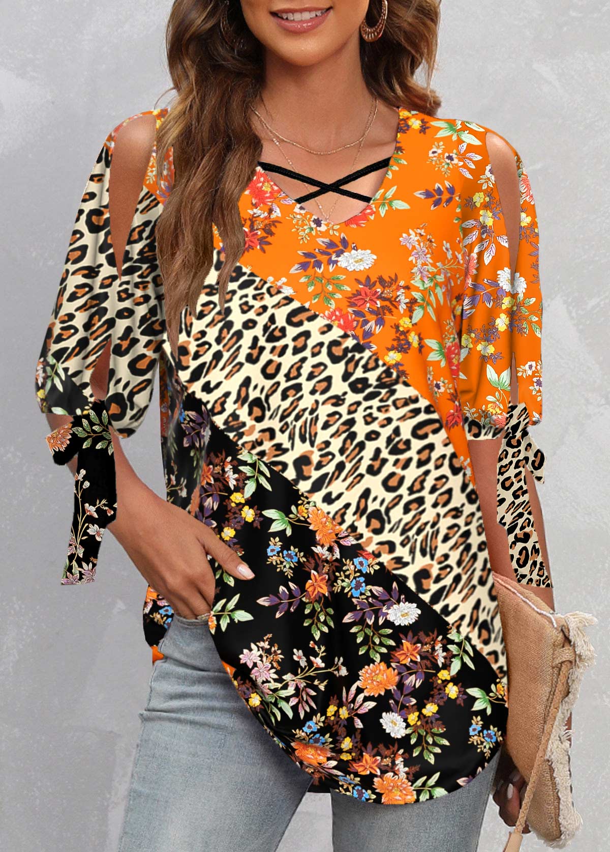 Multi Color tops,Floral tops,ROTITA Cold Shoulder Cross Strap Leopard T Shirt