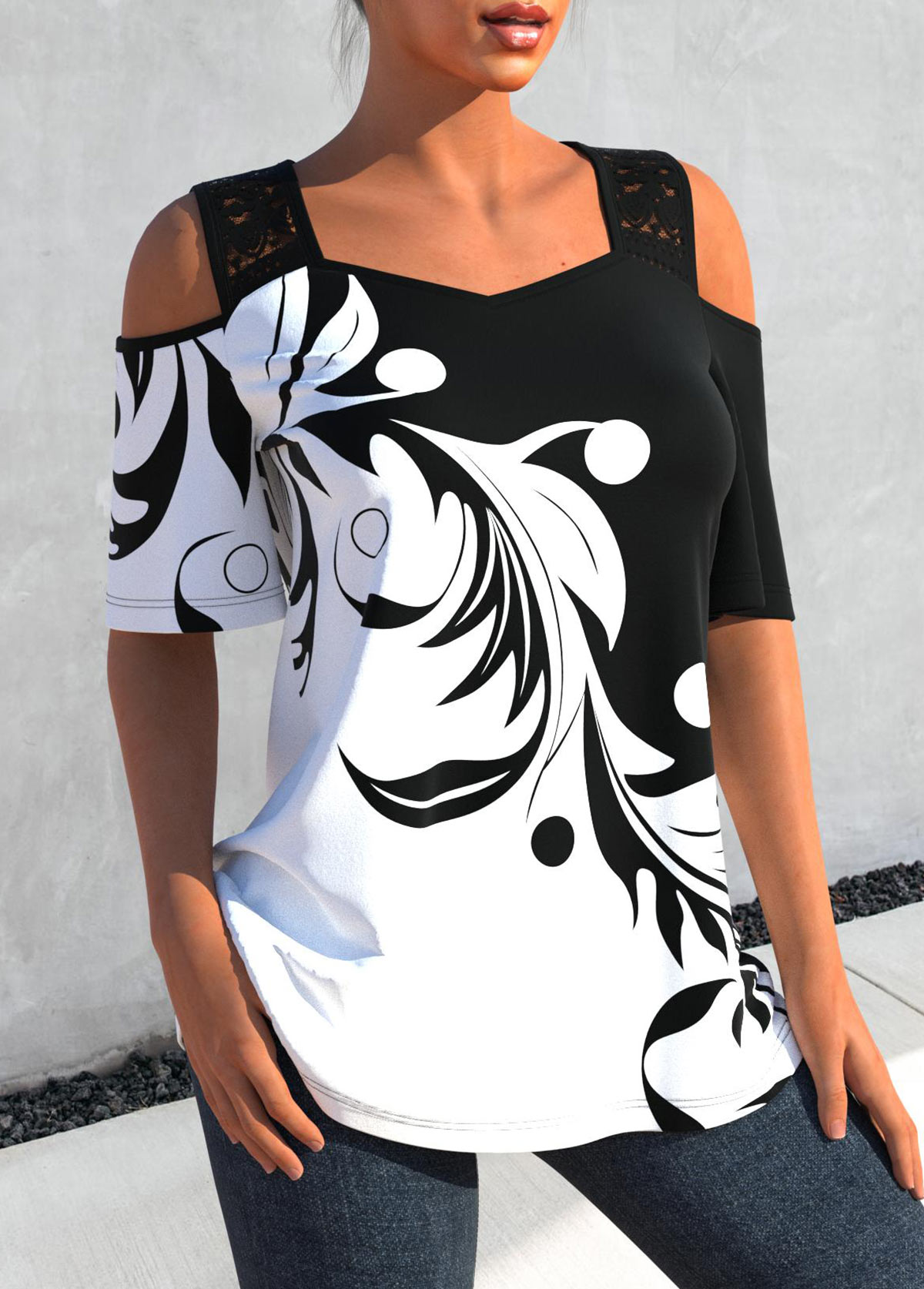 Black tops,Contrast Color tops,ROTITA Black Curly Grass Print Lace Stitching T Shirt