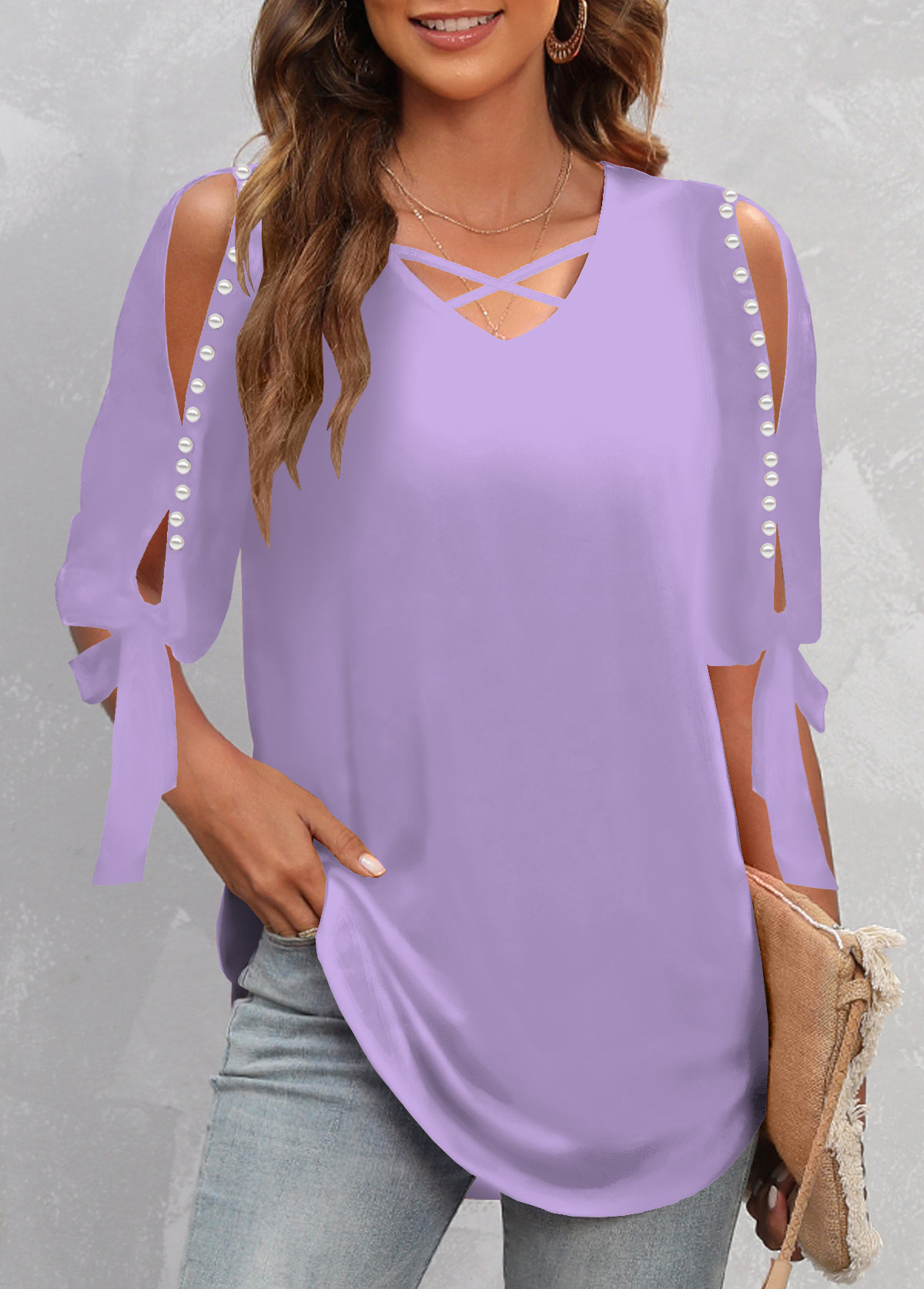ROTITA Pearl Design Light Purple Cold Shoulder T Shirt