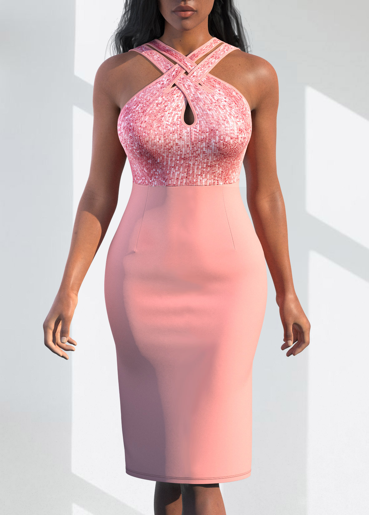 Pink dresses,Plain Color dresses,ROTITA Cross Front Sleeveless Sequin Sheath Dress