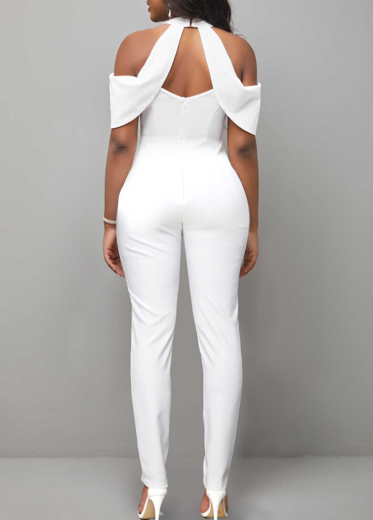 White jumpsuits & rompers,Plain Color jumpsuits & rompers,ROTITA Cold Shoulder Short Sleeve White Jumpsuit