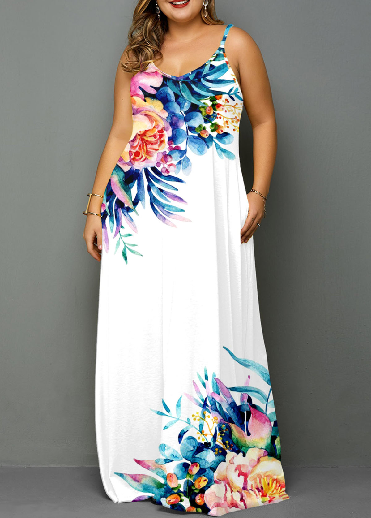ROTITA White Plus Size Pocket Floral Print Dress