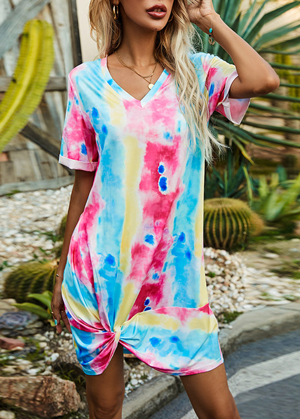 Tie Dye Print Multi Color Twist Hem Dress