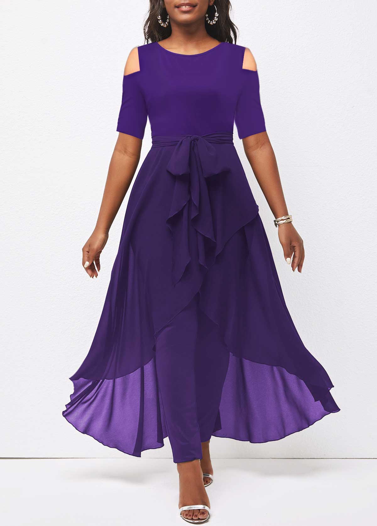 Purple jumpsuits & rompers,Plain Color jumpsuits & rompers,ROTITA Cold Shoulder Purple Round Neck Belted Jumpsuit