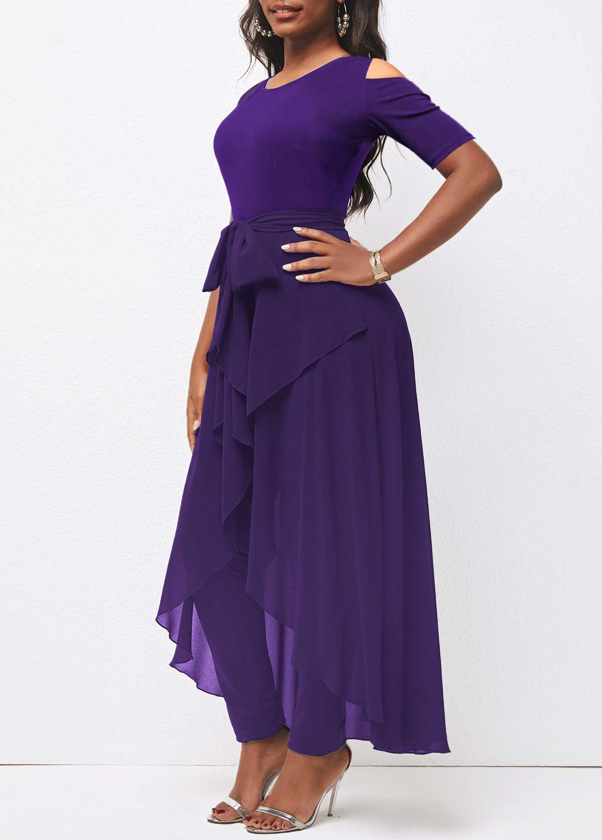 Purple jumpsuits & rompers,Plain Color jumpsuits & rompers,ROTITA Cold Shoulder Purple Round Neck Belted Jumpsuit