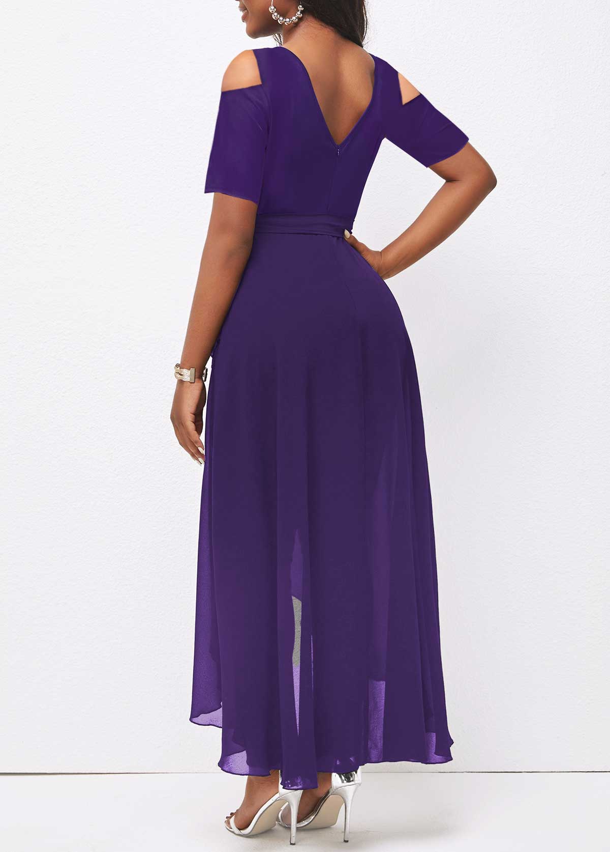 Purple jumpsuits & rompers,Plain Color jumpsuits & rompers,ROTITA Cold Shoulder Purple Round Neck Belted Jumpsuit