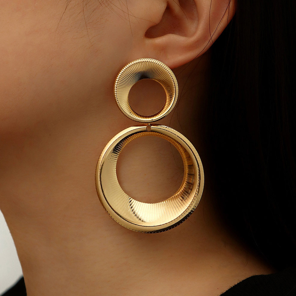 Gold Double Circle Design Metal Detail Earrings