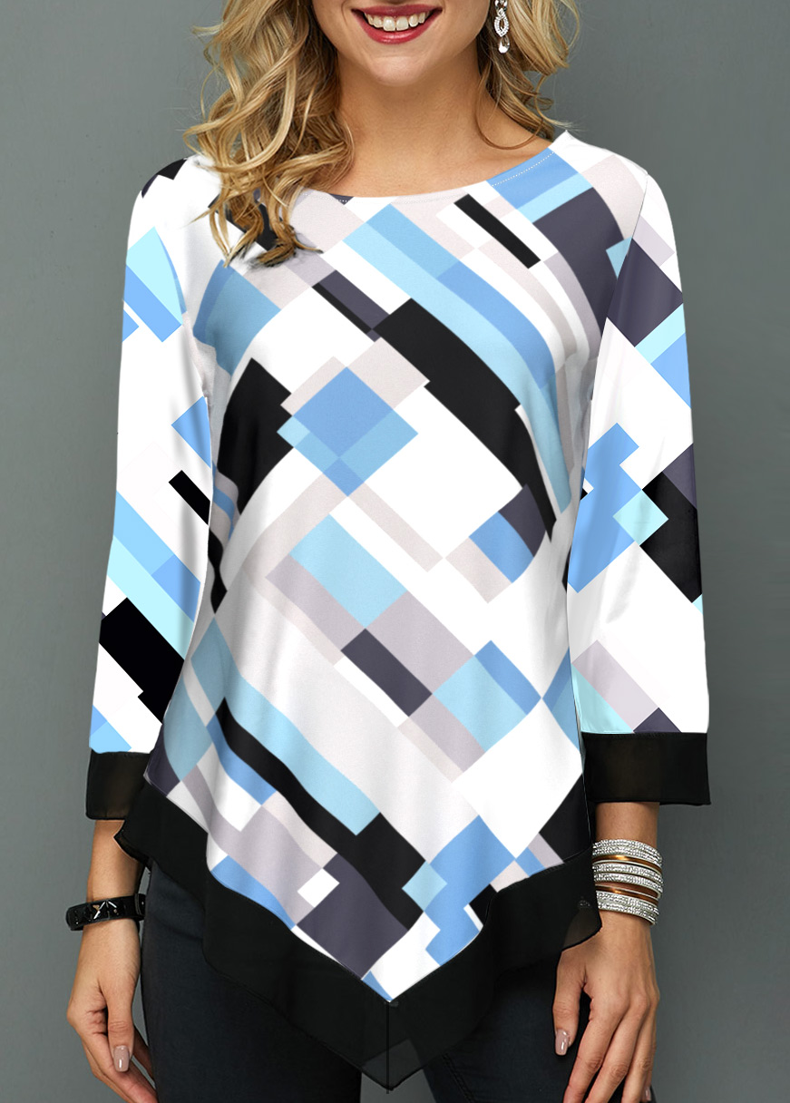White tops,Geometric tops,ROTITA Asymmetric Hem Geometric Print White Blouse