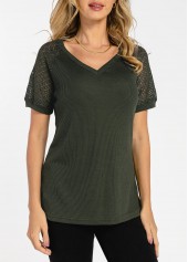 Army Green Waffle Knit Lace Patchwork T Shirt