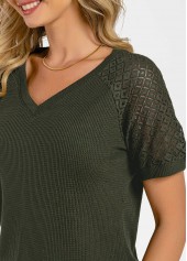 Plain Color tops,Army Green Waffle Knit Lace Patchwork T Shirt