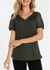 Plain Color tops,Army Green Waffle Knit Lace Patchwork T Shirt