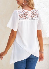 White tops,Plain Color tops,ROTITA Cross Hem White Round Neck Short Sleeve Blouse