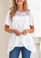 White tops,Plain Color tops,ROTITA Cross Hem White Round Neck Short Sleeve Blouse