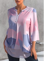 Light Pink tops,Geometric tops,ROTITA Geometric Print Light Pink Split Neck Blouse
