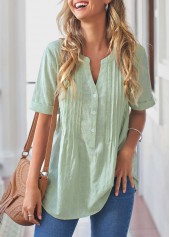 Light Green tops,Plain Color tops,ROTITA Light Green Crinkle Chest Button Detail Blouse