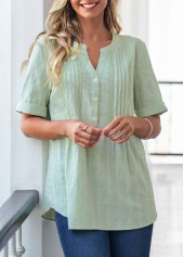 Light Green tops,Plain Color tops,ROTITA Light Green Crinkle Chest Button Detail Blouse