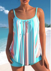 ROTITA Bowknot Striped Cyan Spaghetti Strap Tankini Set