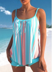 Cyan swimwear,Striped swimwear,ROTITA Bowknot Striped Cyan Spaghetti Strap Tankini Set