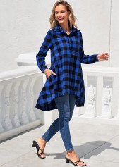 Royal Blue tops,Plaid tops,ROTITA Double Side Plaid Pockets Royal Blue Blouse