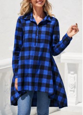 Royal Blue tops,Plaid tops,ROTITA Double Side Plaid Pockets Royal Blue Blouse