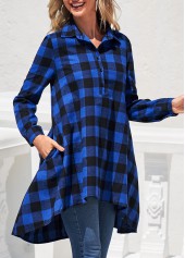 ROTITA Double Side Plaid Pockets Royal Blue Blouse