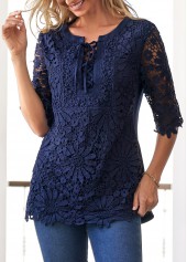 Navy tops,Plain Color tops,ROTITA Lace Stitching Split Neck Navy Blue Blouse