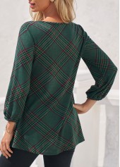 Blackish Green tops,Plaid tops,ROTITA Blackish Green Stringy Selvedge Plaid Lace Stitching Blouse