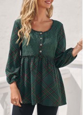 Blackish Green tops,Plaid tops,ROTITA Blackish Green Stringy Selvedge Plaid Lace Stitching Blouse