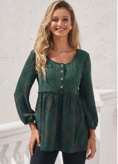 Blackish Green tops,Plaid tops,ROTITA Blackish Green Stringy Selvedge Plaid Lace Stitching Blouse