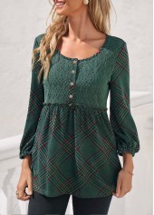 Blackish Green tops,Plaid tops,ROTITA Blackish Green Stringy Selvedge Plaid Lace Stitching Blouse