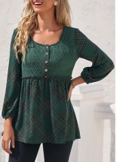 Blackish Green tops,Plaid tops,ROTITA Blackish Green Stringy Selvedge Plaid Lace Stitching Blouse