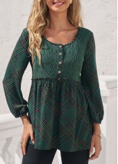 ROTITA Blackish Green Stringy Selvedge Plaid Lace Stitching Blouse