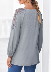 Light Grey Marl tops,Plain Color tops,ROTITA Grey Marl Lace Panel Long Sleeve T Shirt