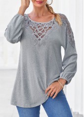 Light Grey Marl tops,Plain Color tops,ROTITA Grey Marl Lace Panel Long Sleeve T Shirt