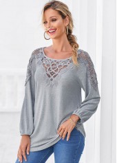 Light Grey Marl tops,Plain Color tops,ROTITA Grey Marl Lace Panel Long Sleeve T Shirt
