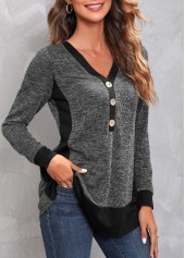 Dark Grey Marl tops,Plain Color tops,ROTITA Decorative Button Dark Grey Marl V Neck T Shirt